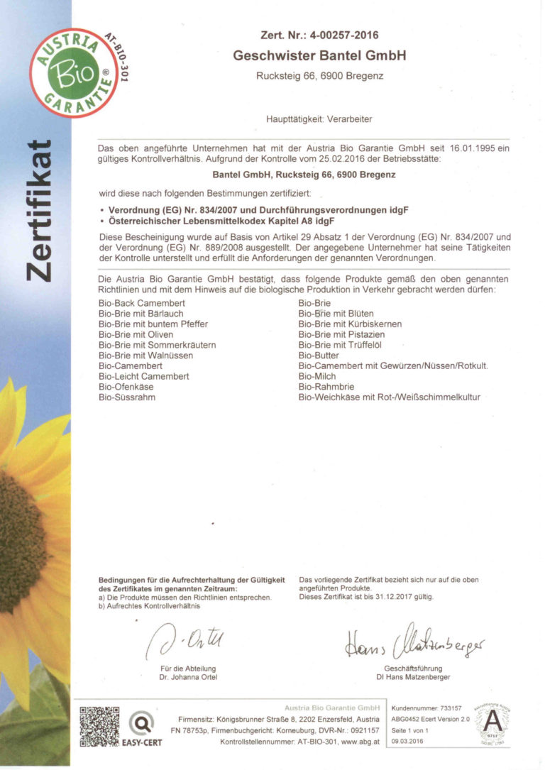 Bantel Zertifikate - Austria Bio Siegel