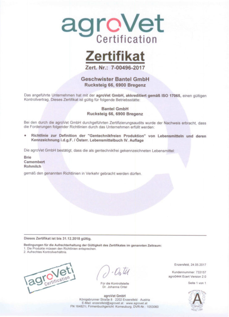 Bantel - Gentechnikfrei Zertifikat 2017